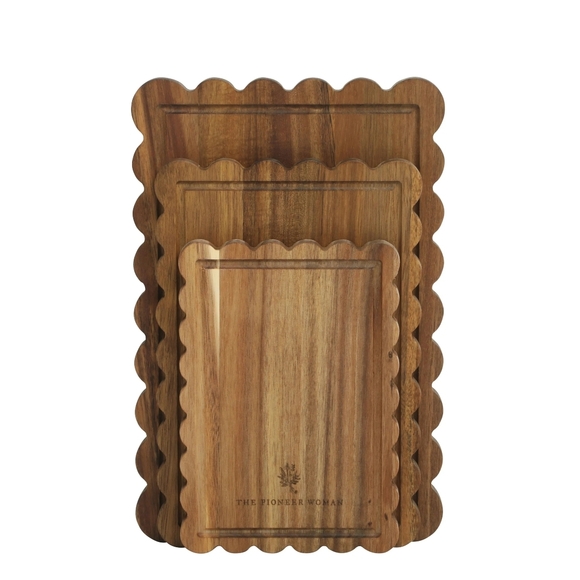 💜 2025 The Pioneer Woman Scalloped Acacia  Wood Cutting Board Set Of 3 - Picture 5 of 6